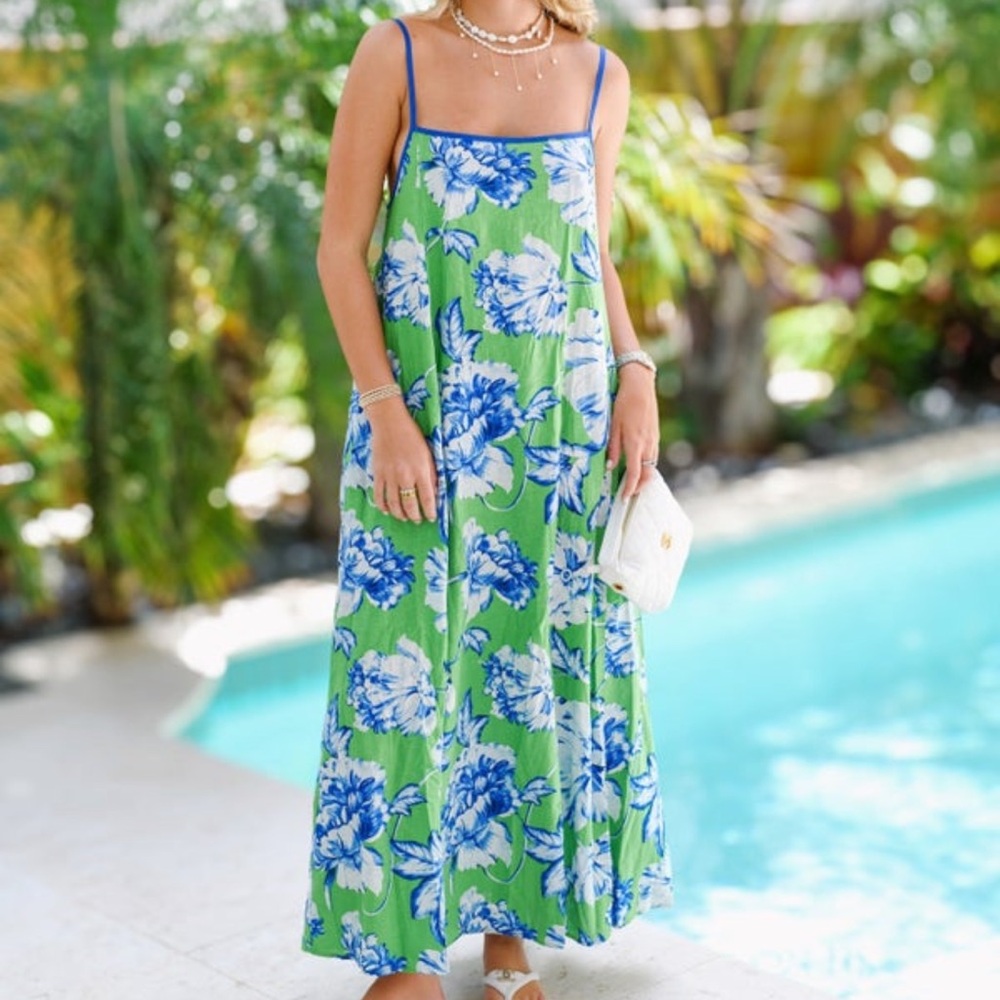 Tropical Floral Maxi Dress in Green and Blue